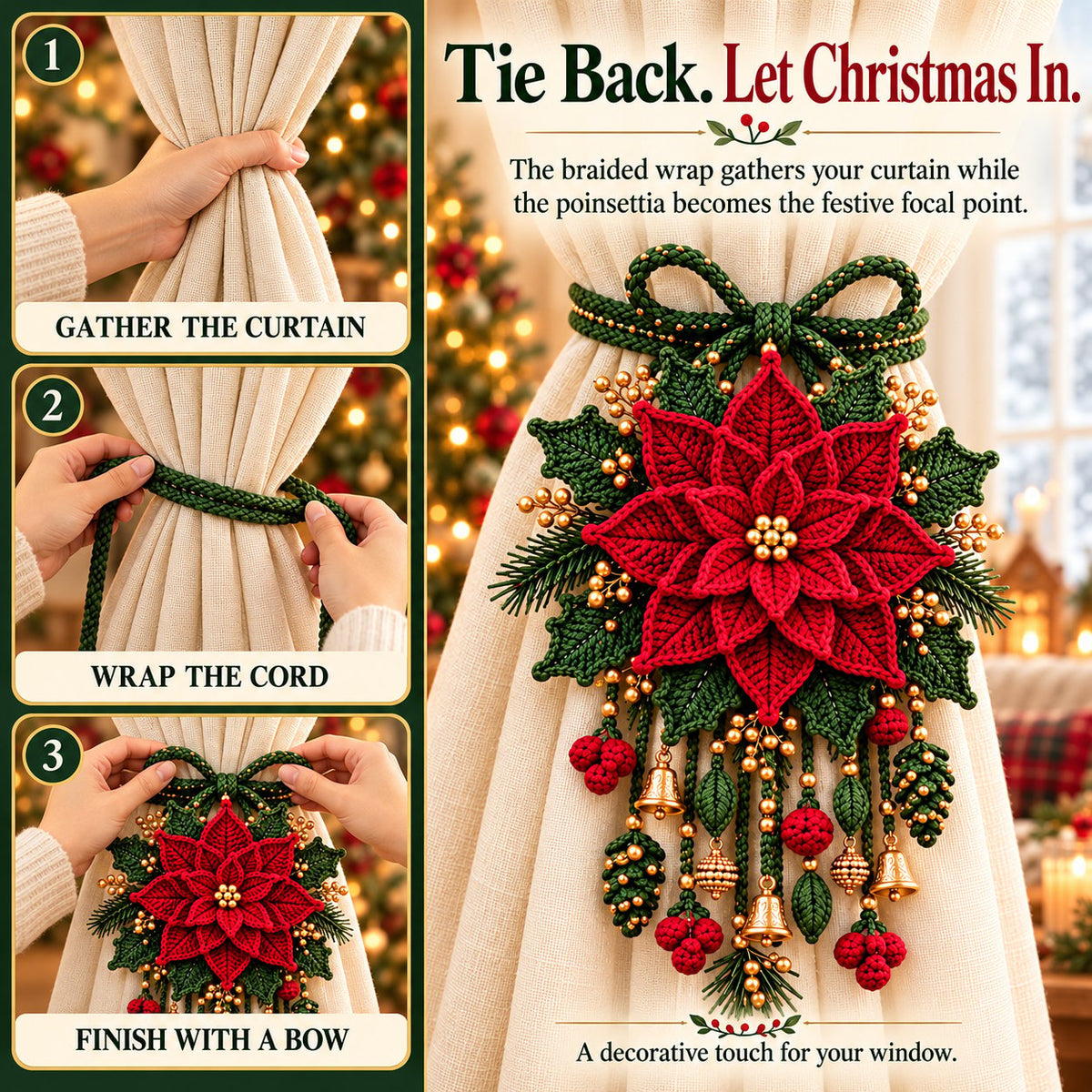 ⏳ Last Day 70% OFF – 🎄 Christmas Crochet Curtain Tieback DIY Kit | Beginner-Friendly Options, 8 Festive Designs 🧶