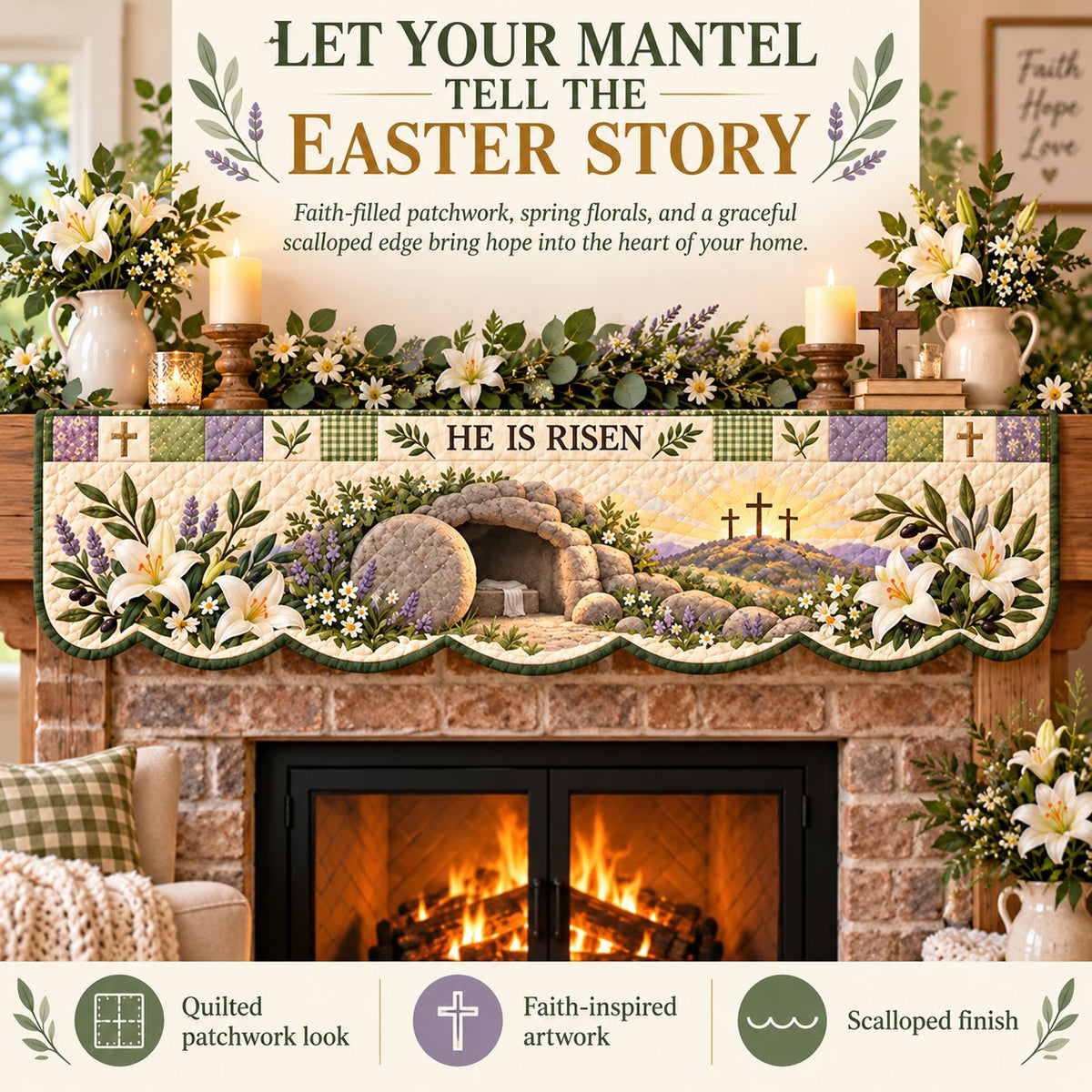 ⏳ Last Day 70% OFF – ✝️ Easter Quilted Fireplace Mantel Scarf 🌷