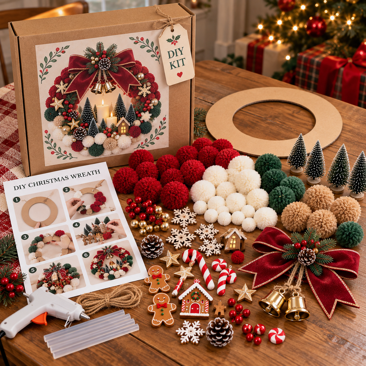 🎄 🔥 Holiday Sale: 70% OFF- DIY Christmas Pom-Pom Wreath Kit – 4 Magical Holiday Designs