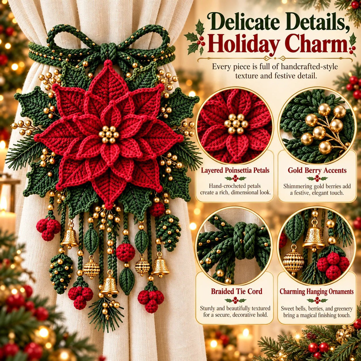⏳ Last Day 70% OFF – 🎄 Christmas Crochet Curtain Tieback DIY Kit | Beginner-Friendly Options, 8 Festive Designs 🧶