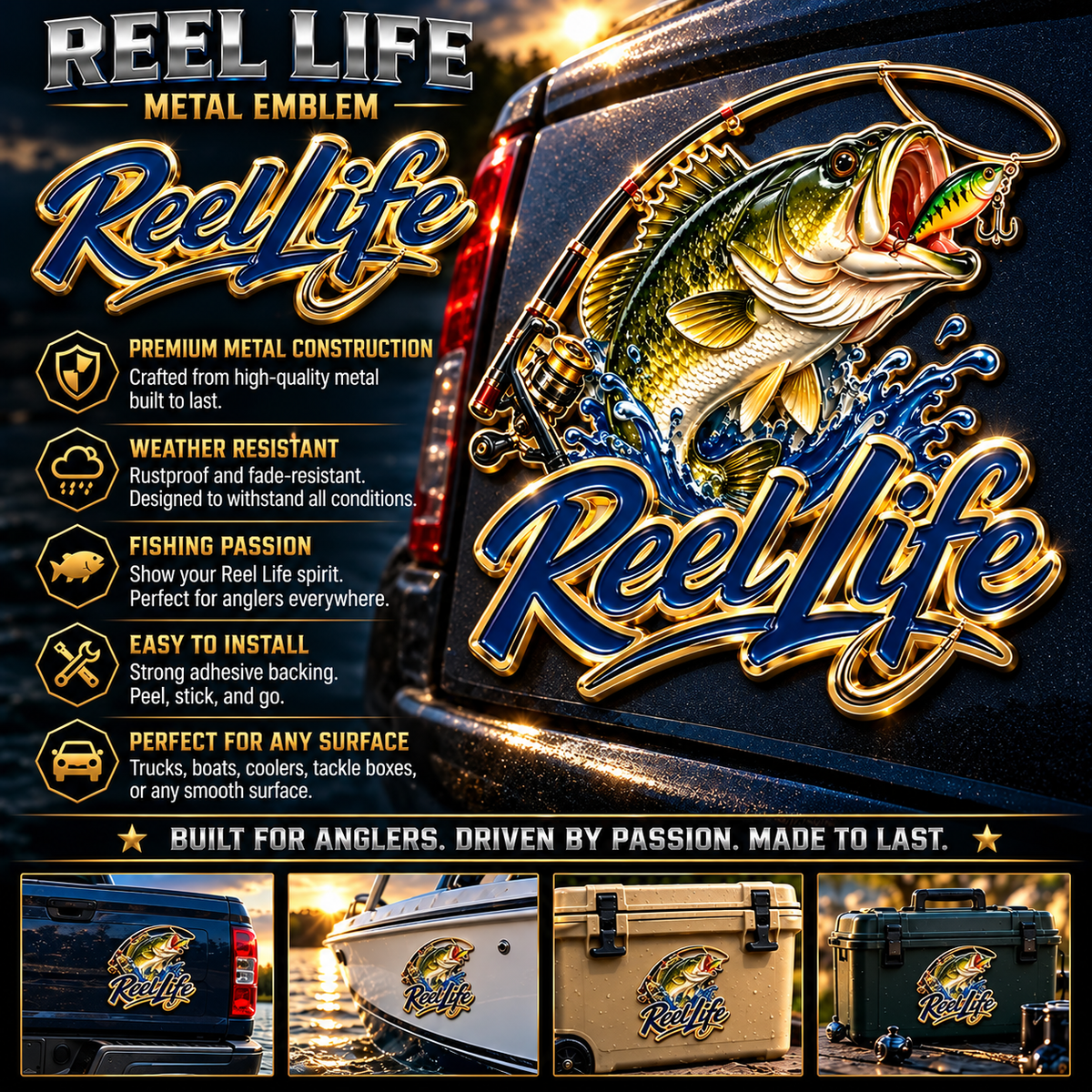 🎣 Reel Life 3D Metal Car Emblem – Bass Fishing Truck Badge