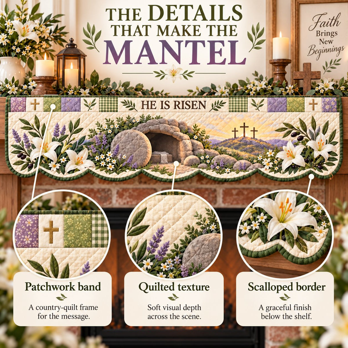 ⏳ Last Day 70% OFF – ✝️ Easter Quilted Fireplace Mantel Scarf 🌷