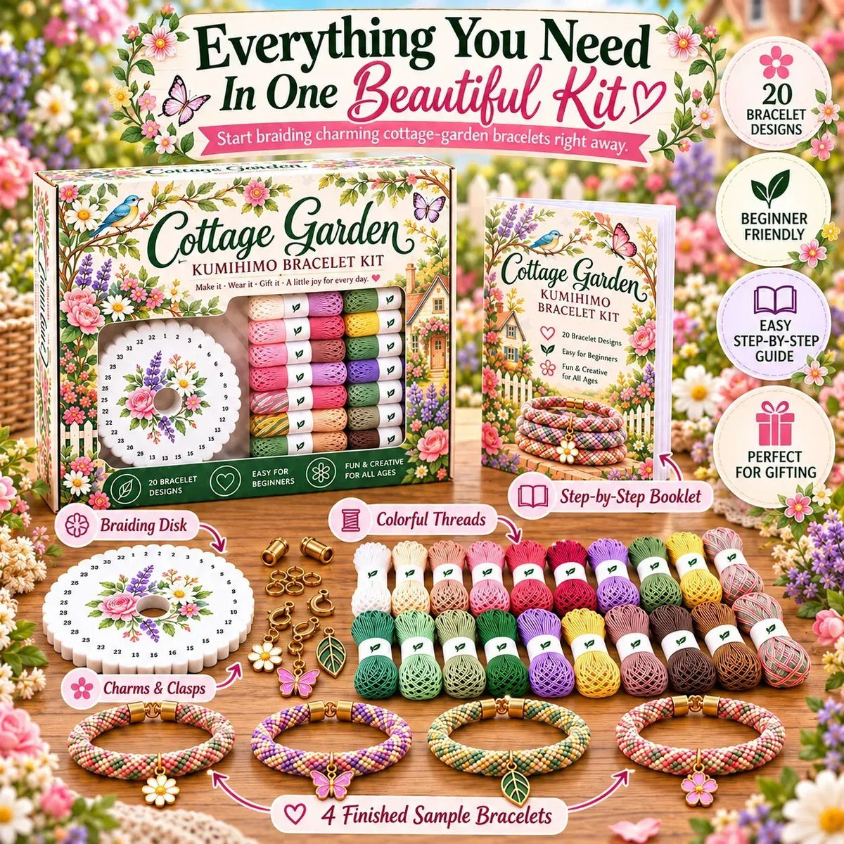 🔥 LAST DAY 70% OFF -✨Beginners Friendily🌸Cottage Garden Kumihimo Bracelet Making Kit – DIY Braided Friendship Bracelets & Creative Gift Set
