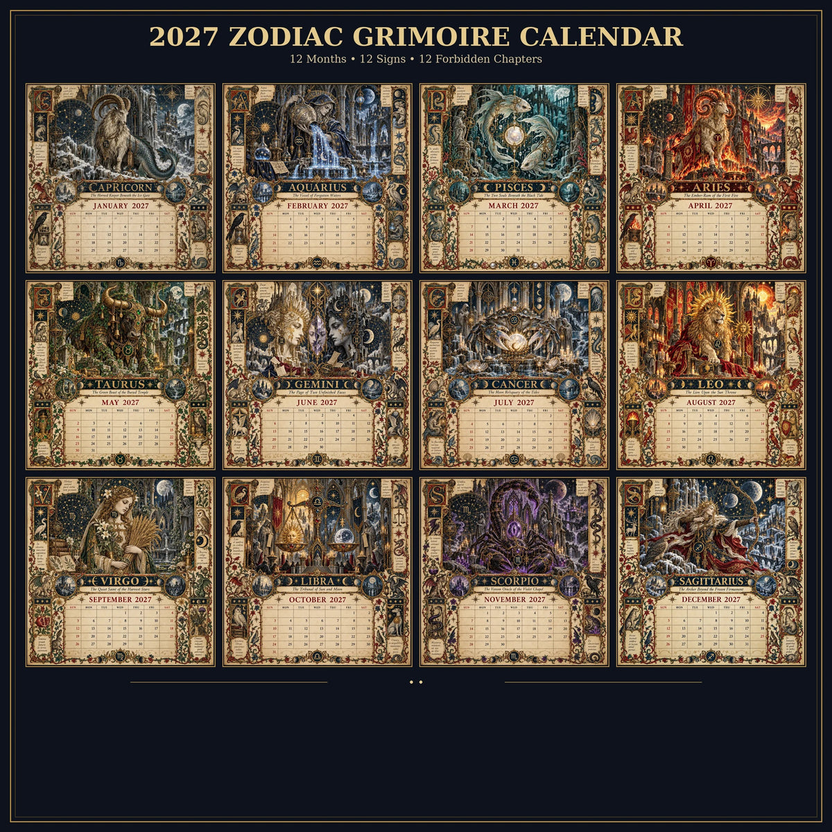 ✨2027 Zodiac Grimoire Calendar – 12 Months of Medieval Astrology Art📅