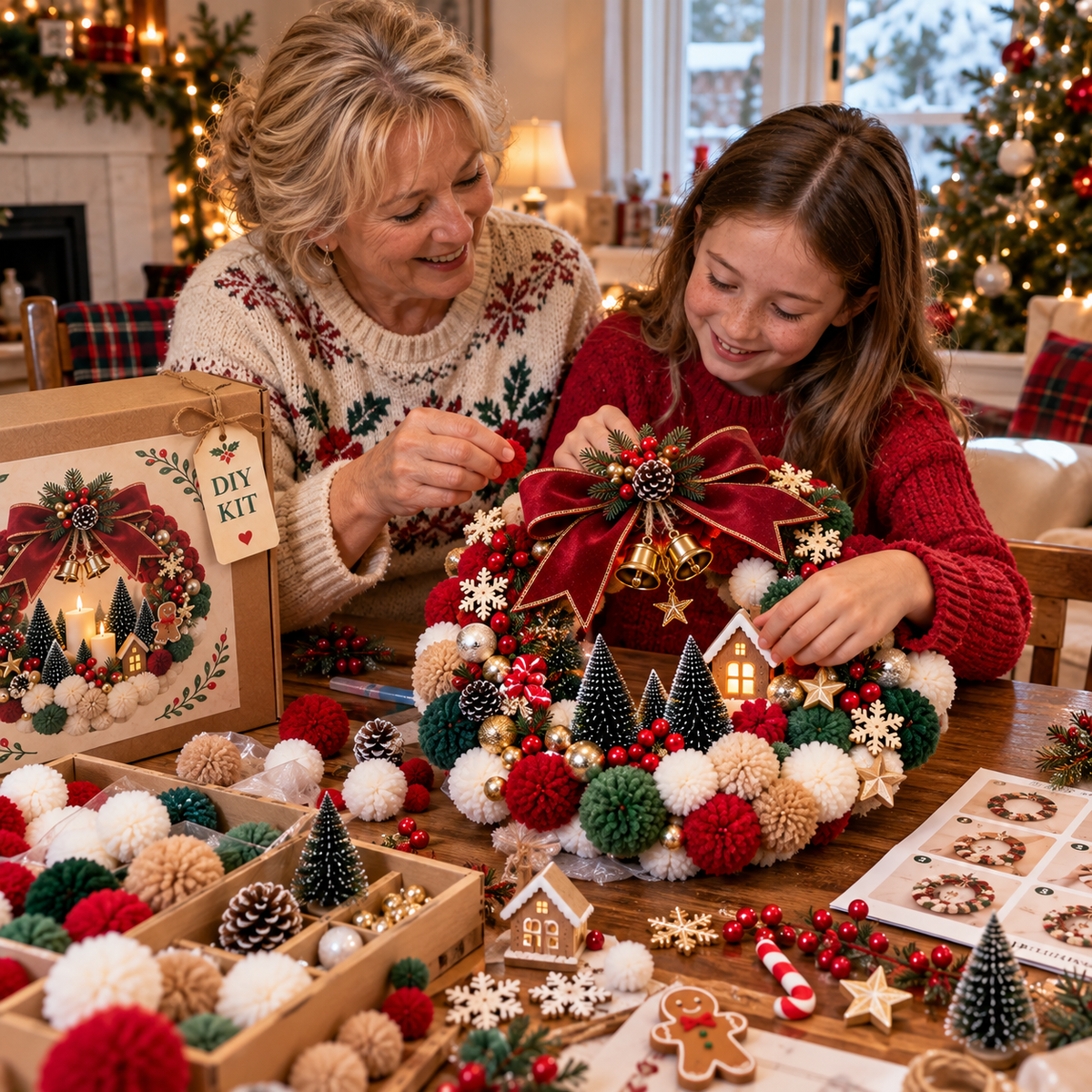 🎄 🔥 Holiday Sale: 70% OFF- DIY Christmas Pom-Pom Wreath Kit – 4 Magical Holiday Designs