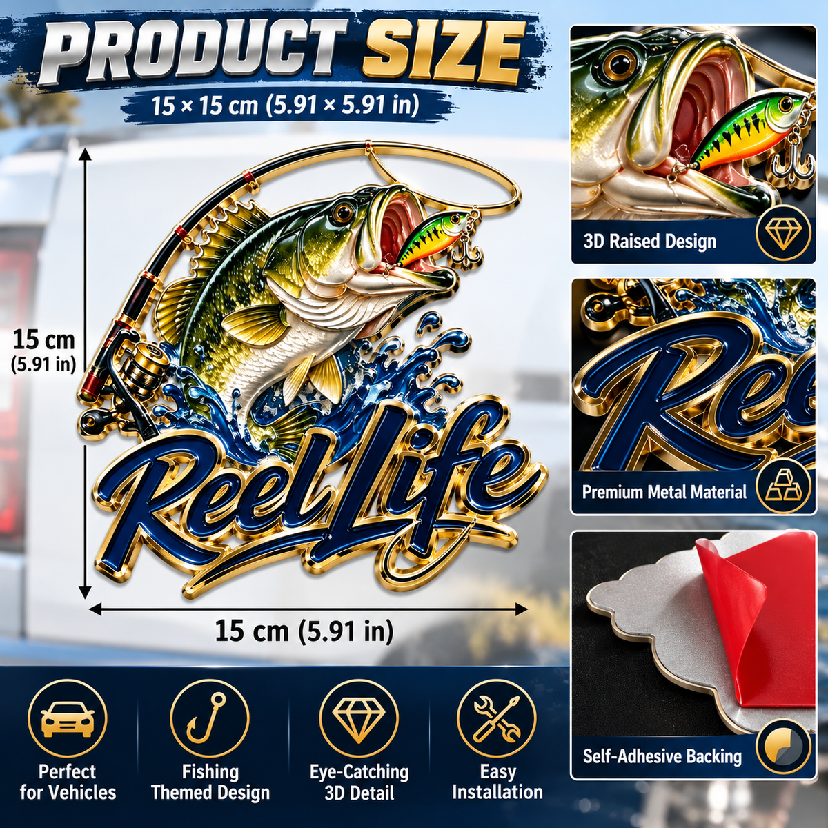 🎣 Reel Life 3D Metal Car Emblem – Bass Fishing Truck Badge