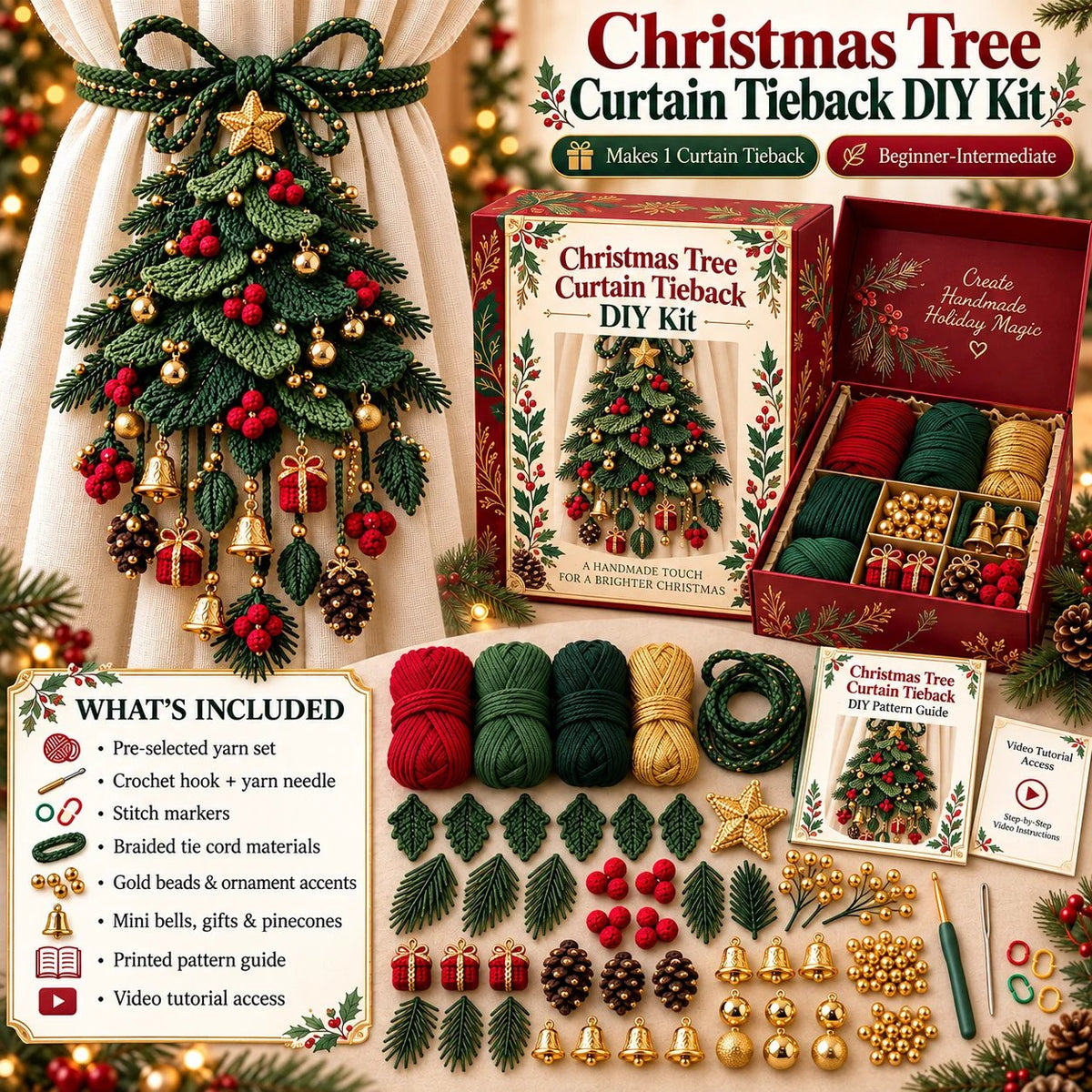 ⏳ Last Day 70% OFF – 🎄 Christmas Crochet Curtain Tieback DIY Kit | Beginner-Friendly Options, 8 Festive Designs 🧶