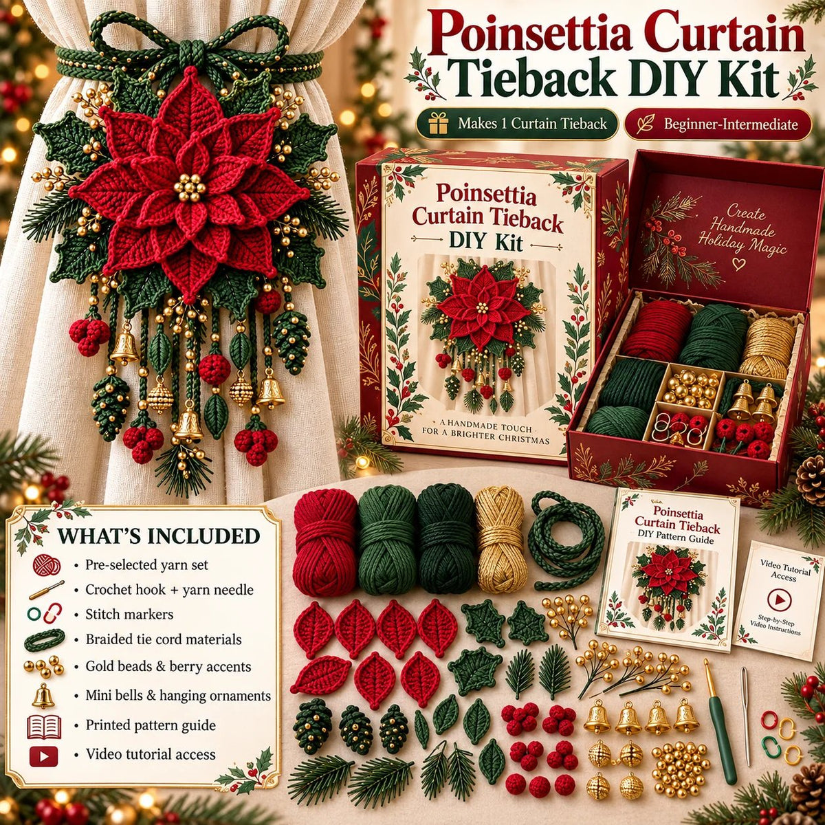 ⏳ Last Day 70% OFF – 🎄 Christmas Crochet Curtain Tieback DIY Kit | Beginner-Friendly Options, 8 Festive Designs 🧶