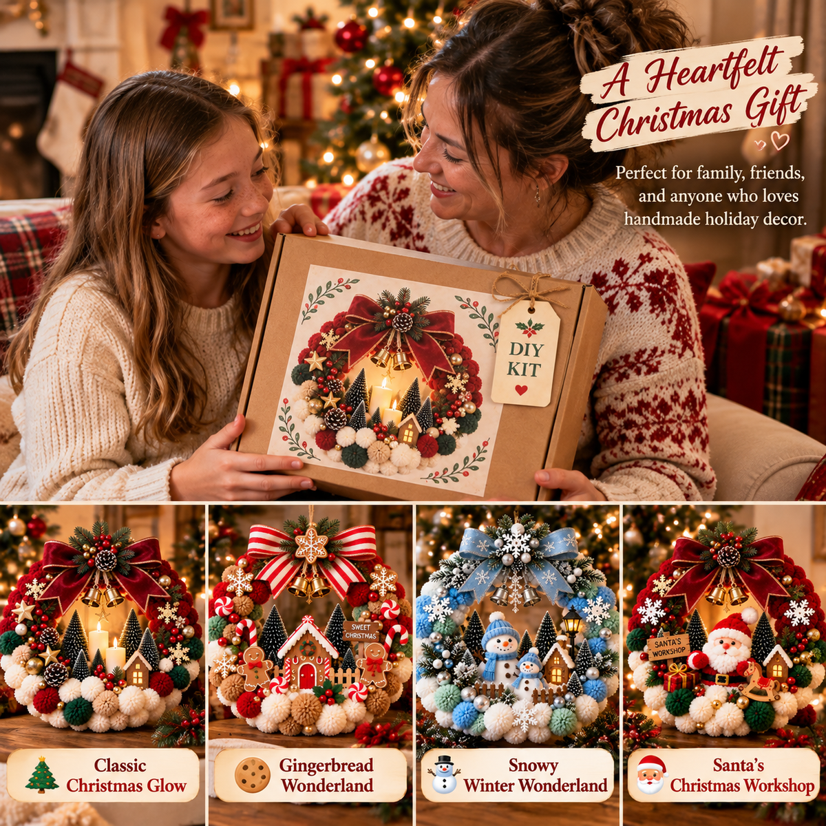 🎄 🔥 Holiday Sale: 70% OFF- DIY Christmas Pom-Pom Wreath Kit – 4 Magical Holiday Designs