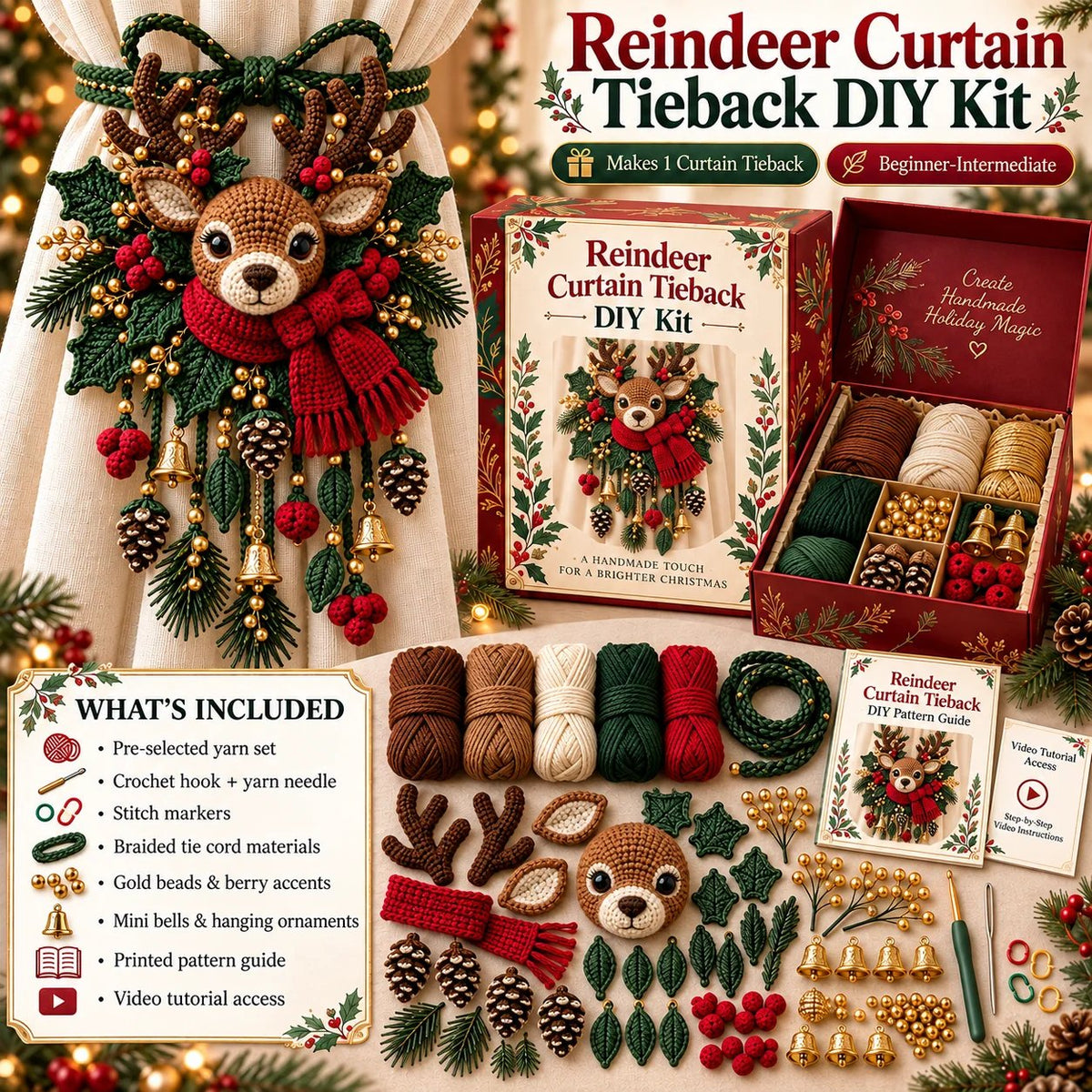 ⏳ Last Day 70% OFF – 🎄 Christmas Crochet Curtain Tieback DIY Kit | Beginner-Friendly Options, 8 Festive Designs 🧶