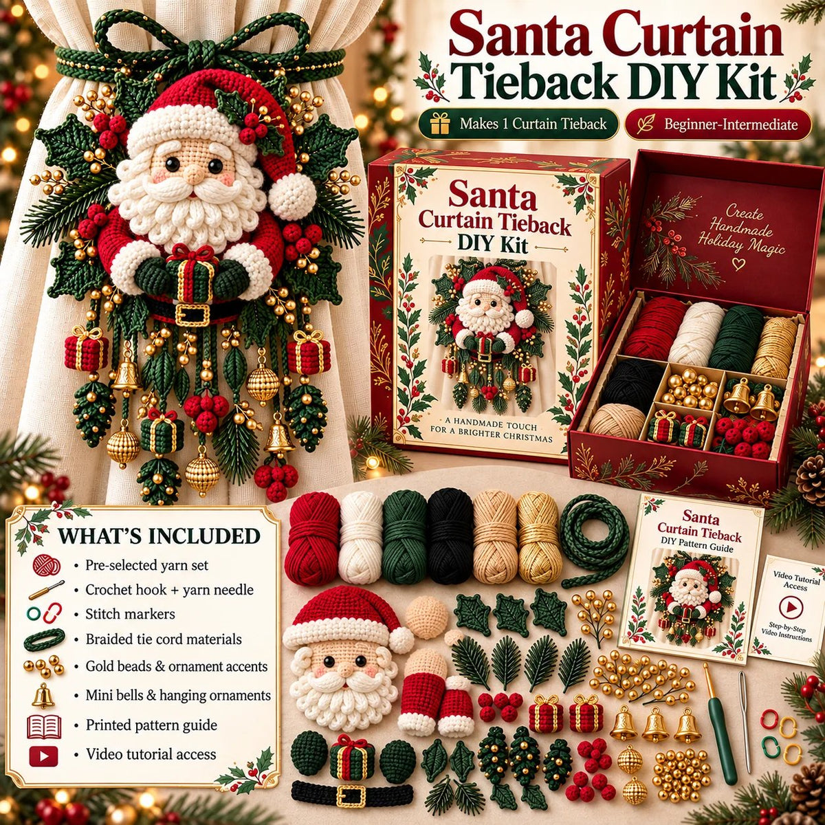 ⏳ Last Day 70% OFF – 🎄 Christmas Crochet Curtain Tieback DIY Kit | Beginner-Friendly Options, 8 Festive Designs 🧶