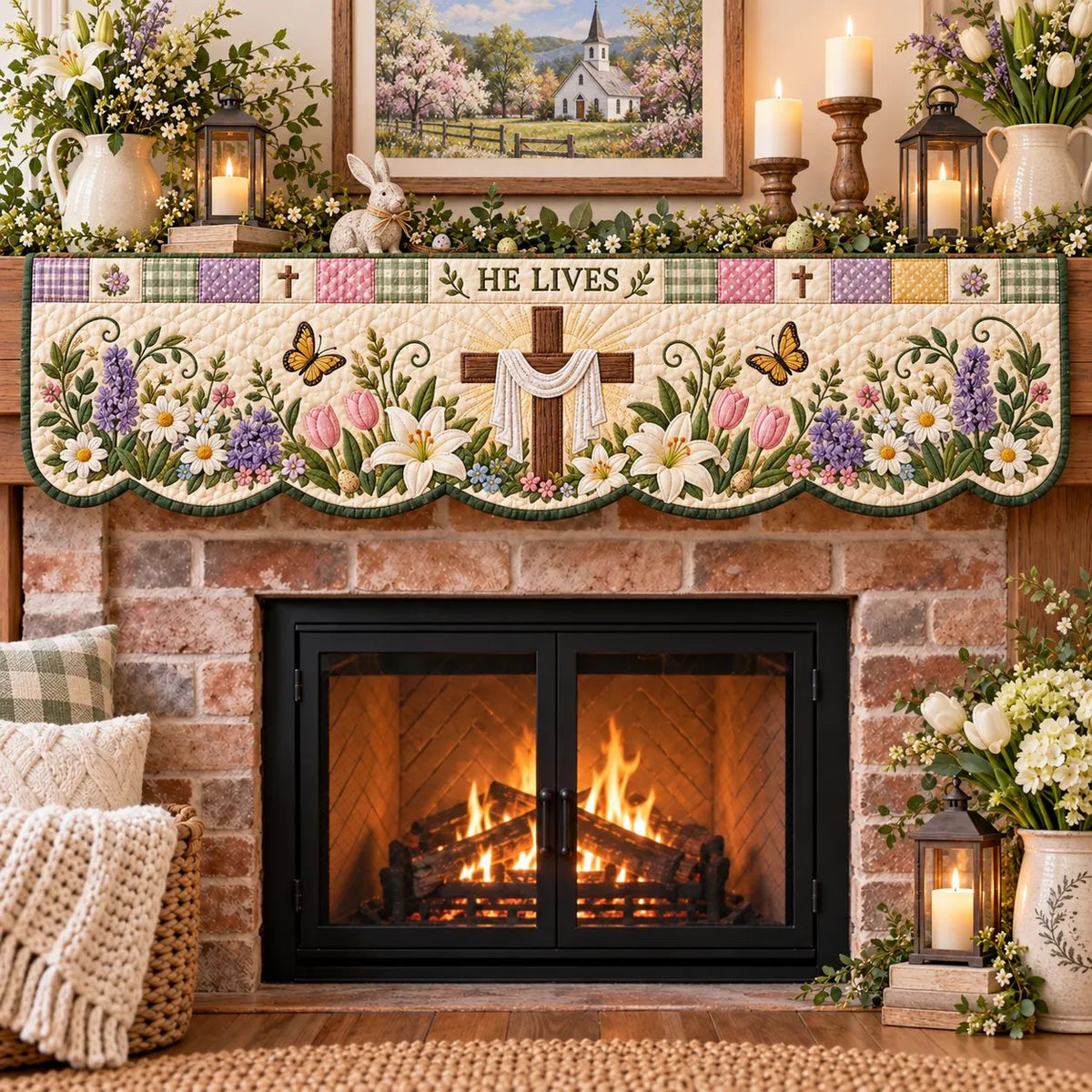 ⏳ Last Day 70% OFF – ✝️ Easter Quilted Fireplace Mantel Scarf 🌷