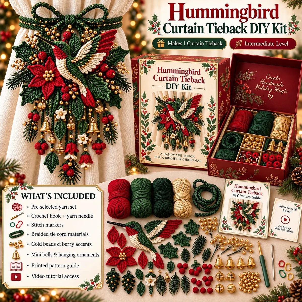 ⏳ Last Day 70% OFF – 🎄 Christmas Crochet Curtain Tieback DIY Kit | Beginner-Friendly Options, 8 Festive Designs 🧶