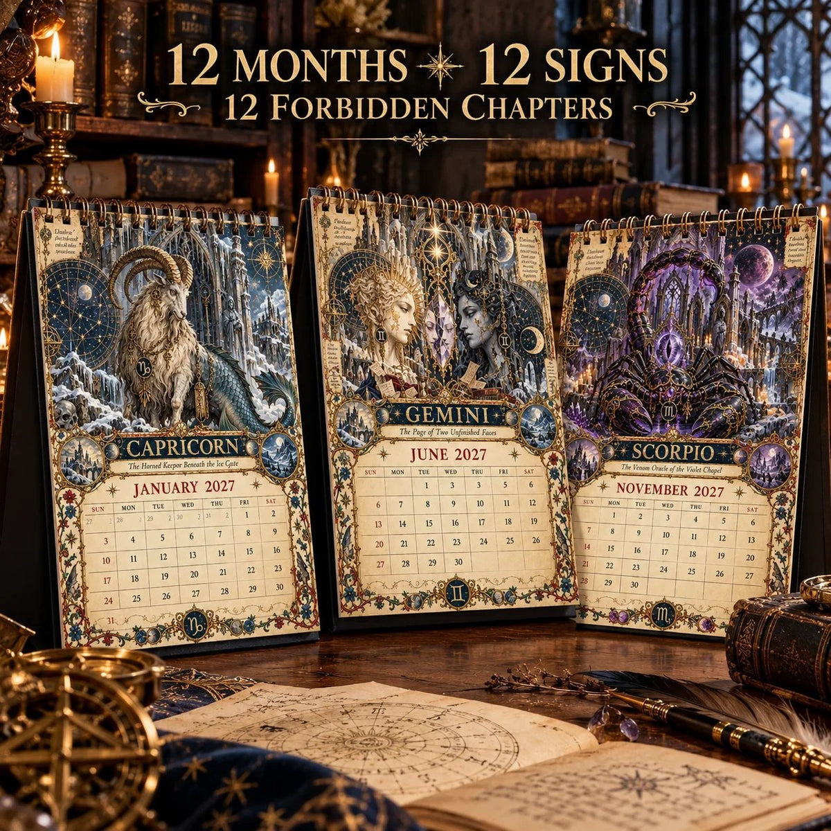 ✨2027 Zodiac Grimoire Calendar – 12 Months of Medieval Astrology Art📅