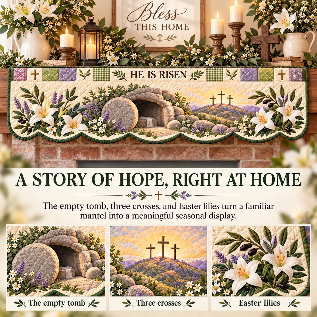 ⏳ Last Day 70% OFF – ✝️ Easter Quilted Fireplace Mantel Scarf 🌷