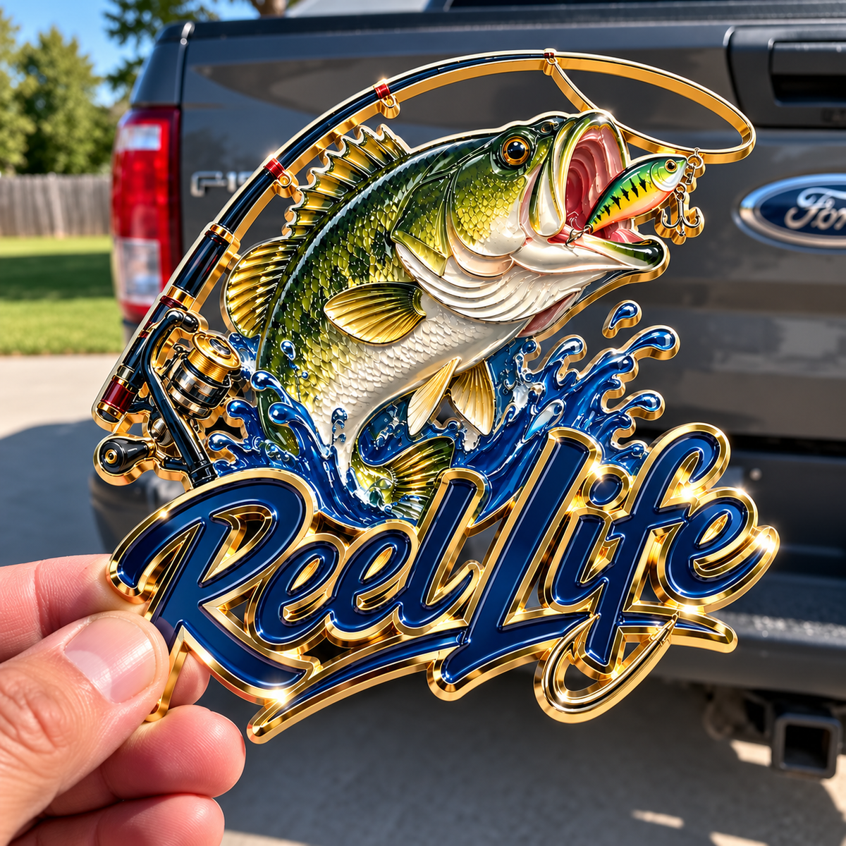 🎣 Reel Life 3D Metal Car Emblem – Bass Fishing Truck Badge