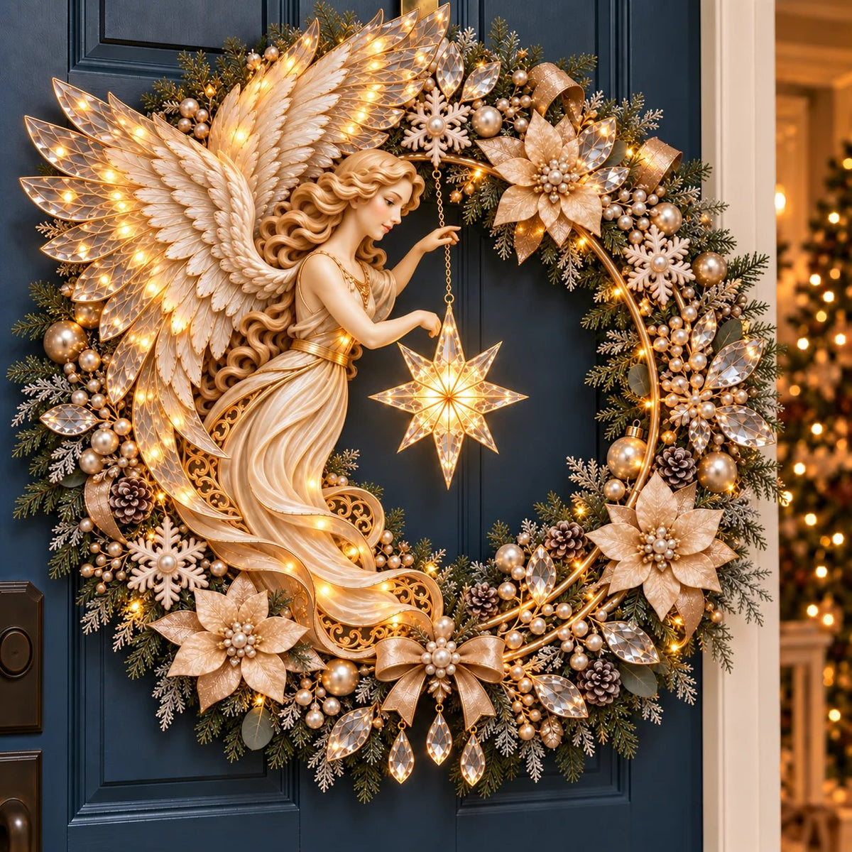 ✨Last Day 70% OFF -Heavenly Angel Christmas Wreath 🎄 Lighted Holiday Door Decor With Glowing Star