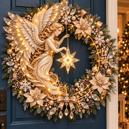 ✨Last Day 70% OFF -Heavenly Angel Christmas Wreath 🎄 Lighted Holiday Door Decor With Glowing Star