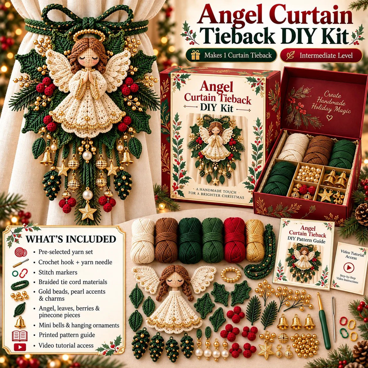 ⏳ Last Day 70% OFF – 🎄 Christmas Crochet Curtain Tieback DIY Kit | Beginner-Friendly Options, 8 Festive Designs 🧶