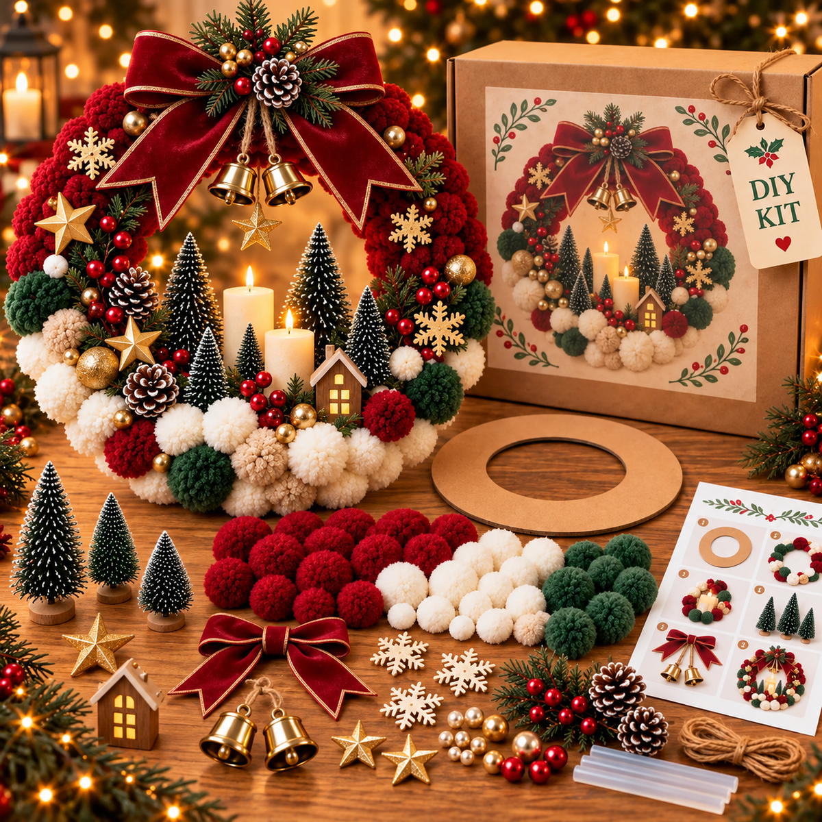 🎄 🔥 Holiday Sale: 70% OFF- DIY Christmas Pom-Pom Wreath Kit – 4 Magical Holiday Designs
