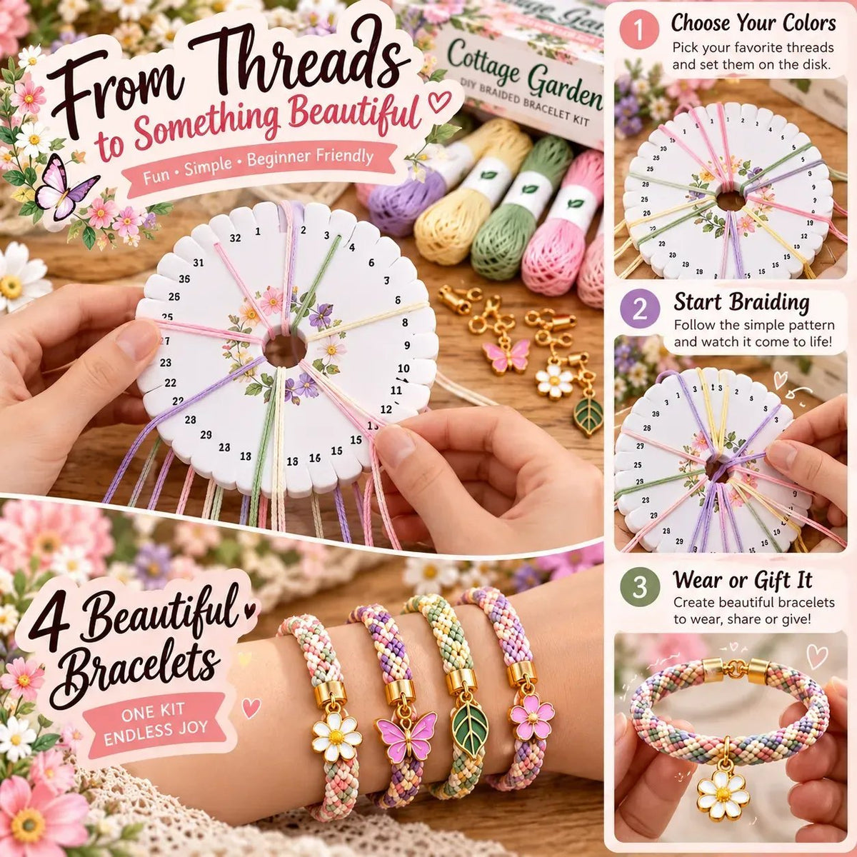 🔥 LAST DAY 70% OFF -✨Beginners Friendily🌸Cottage Garden Kumihimo Bracelet Making Kit – DIY Braided Friendship Bracelets & Creative Gift Set